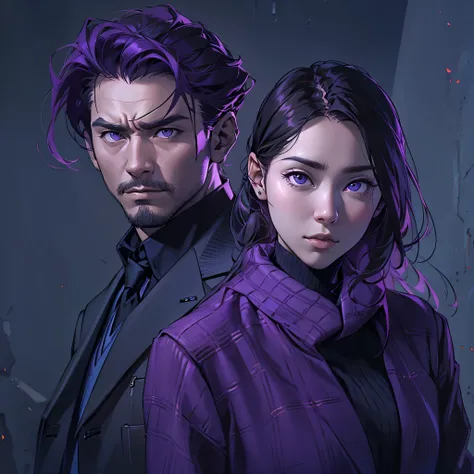 Inspired by the MBTI architect、A man and a woman, both wearing purple clothes, are looking intensely at the camera with serious expressions.。Create a mysterious atmosphere。