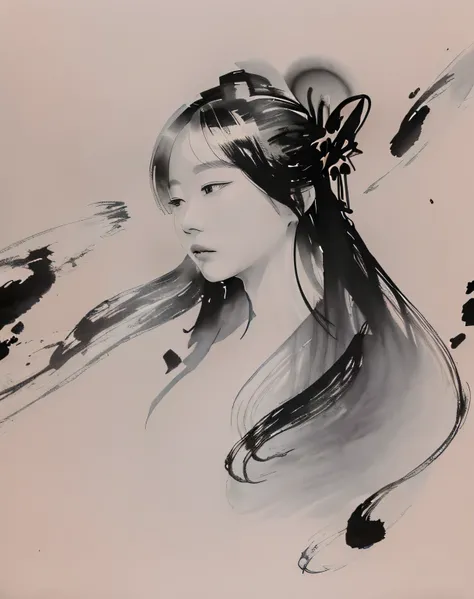 bloom, monochrome, Ink Sketch, 1 female, Asia (Young women), (Long hair), Looking at the audience, Long hair, Flowing hair, Hanfu, Chinese clothes, Long sleeve, (abstract ink splash:1.2), White background