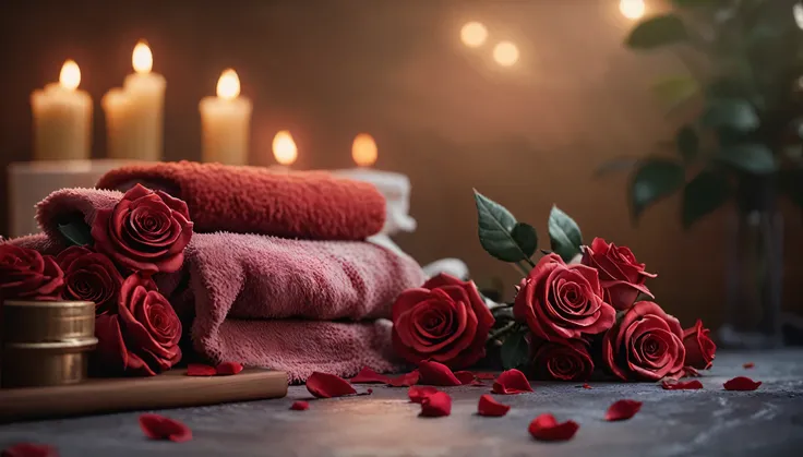 A red rose and a candle are placed on the table, along with a candle and a towel, romantic atmosphere, romantic ambiente, romantic mood, romantic themed, Beautiful atmosphere, Beautiful atmosphere, Unreal Engine ; romantic theme, Relaxed atmosphere, 8k Sen...
