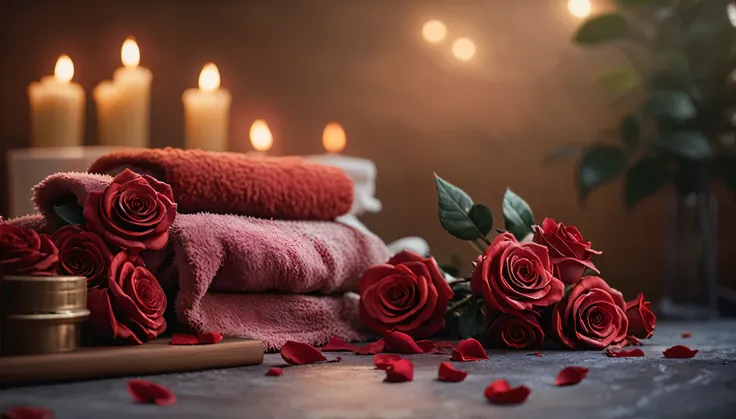 A red rose and a candle are placed on the table, along with a candle and a towel, romantic atmosphere, romantic ambiente, romantic mood, romantic themed, Beautiful atmosphere, Beautiful atmosphere, Unreal Engine ; romantic theme, Relaxed atmosphere, 8k Sen...
