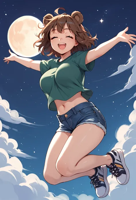 score_9_up, score_8_up, score_7_up, 1girl, solo, source_anime, hourglass figure, Big breasts, kemonomimi, bear ears, brown hair, short hair, messy_hair, closed eyes BREAK freckles, (dreaming she can fly), green shirt, short sleeves, navel, denim shorts, sn...