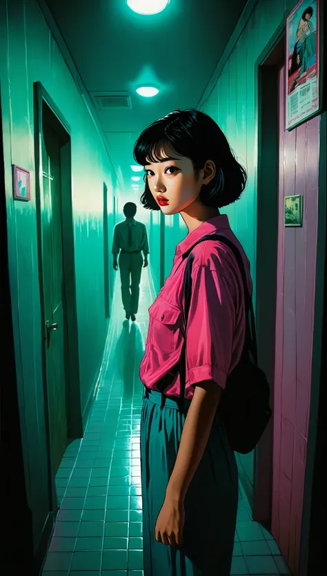 an illustration、art、80s thai horror movie poster, supervised by junji ito、(apartment hallway:1.0)、night、attention to detail, rea...