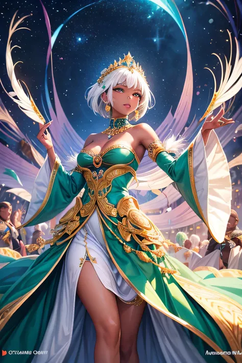 "A stunning black princess with striking short white hair stands out against the vibrant backdrop of a grand ceremonial stage in the heart of Emerald City, the capital of Zara Kingdom. Her deep, ebony skin contrasts beautifully with her gleaming white hair...