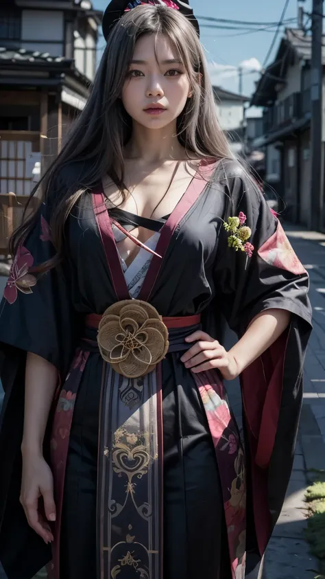 A Japanese witch wearing a witch robe mixed with a kimono and a pointy witch hat, your hair is gray.