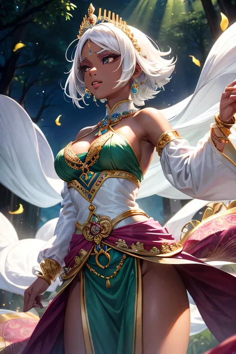 "A stunning black princess with striking short white hair stands out against the vibrant backdrop of a grand ceremonial stage in the heart of Emerald City, the capital of Zara Kingdom. Her deep, ebony skin contrasts beautifully with her gleaming white hair...