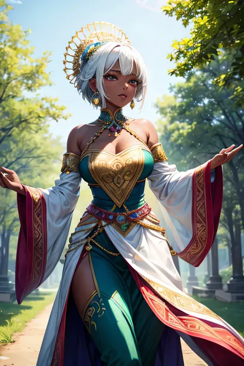 "A stunning black princess with striking short white hair stands out against the vibrant backdrop of a grand ceremonial stage in the heart of Emerald City, the capital of Zara Kingdom. Her deep, ebony skin contrasts beautifully with her gleaming white hair...