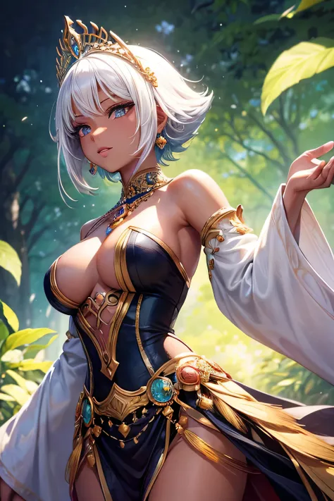 "A stunning black princess with striking short white hair stands out against the vibrant backdrop of a grand ceremonial stage in the heart of Emerald City, the capital of Zara Kingdom. Her deep, ebony skin contrasts beautifully with her gleaming white hair...