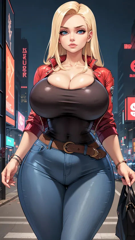 sexy buxom blonde woman in tight jeans, tight V-neck t-shirt, and an open scarlet jacket, wavy dirty blonde hair, cyberpunk city, massive oversized breasts, wide hips, deep cleavage