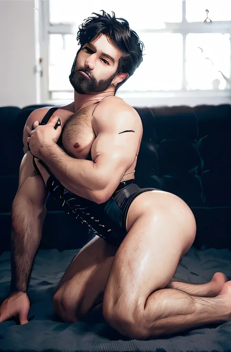 muscular man with small waist and big butt on all fours naked with lingerie and corset
