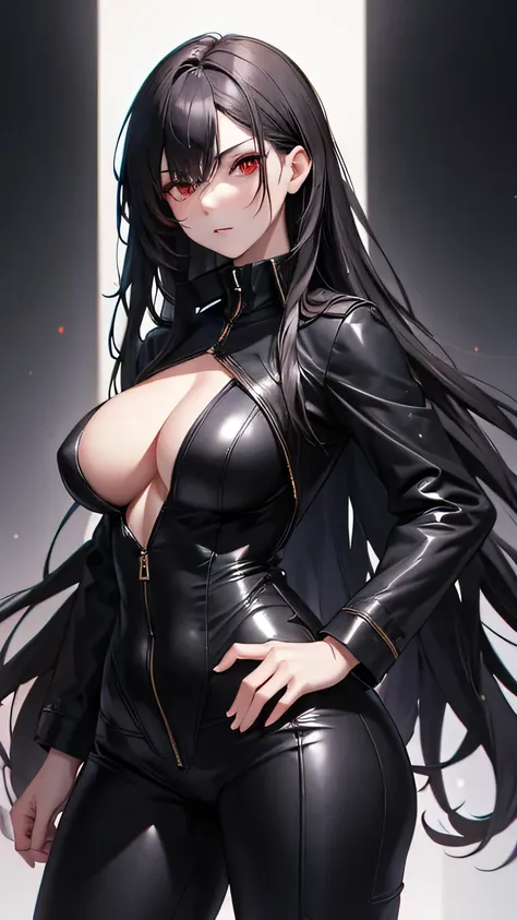 ((Highest quality)), Ultra-high resolution,Adult women, alone, sexy, (Stern face), (Red eyes), Beautiful face in every detail,(High resolution detail of human skin texture), (Black irregular long hair), Black coat,Black suit pants,A mercenary woman,（have a...