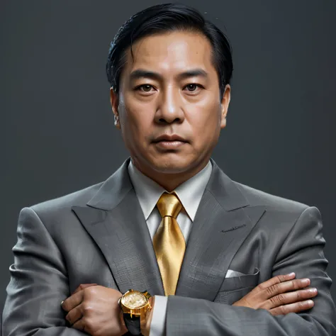 Photorealisic, a asian male businessman of 50-yo, confidence appearance, wear elite suits with gold coloured tie, have golden rolex at his left hand, sharp eyes, at flat grey background, photo taken at studio with dramatic portrait lighting 