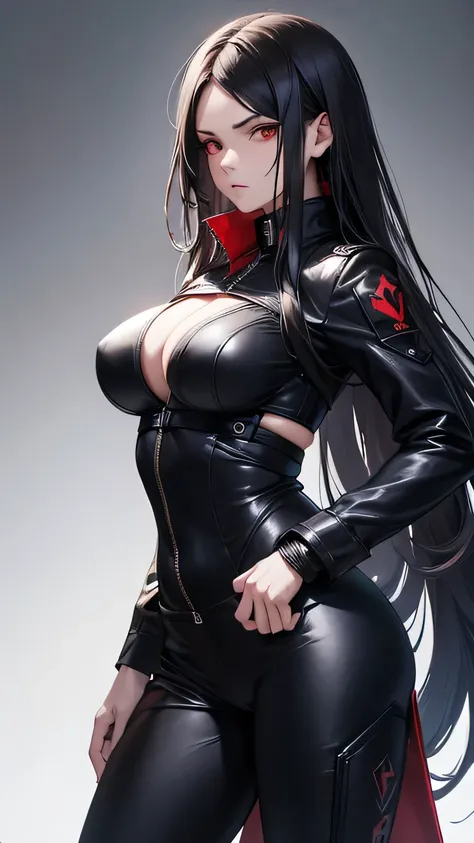 ((Highest quality)), Ultra-high resolution,Adult women, alone, sexy, (Stern face), (Red eyes), Beautiful face in every detail,(High resolution detail of human skin texture), (Black irregular long hair), Black coat,Black suit pants,A mercenary woman,（have a...