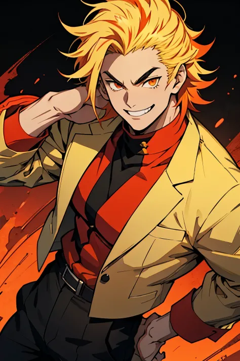 white young man, blonde hair with red highlights, orange eyes, rengoku eyebrows, smile, black Coach, black and yellow pants, arrogant smile, medium hair, messy hair, 1980 outfit