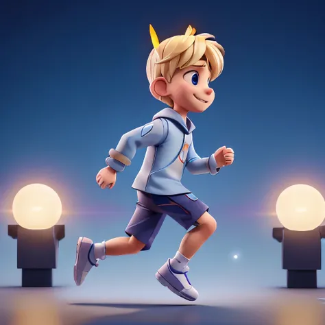 Blonde Boy、whole body、Smiling boy、((Clothing of the future))、Wearing a futuristic glowing device、((whole body:1.2))、((Attaching the headgear))、((Running pose:1.2))、From the side