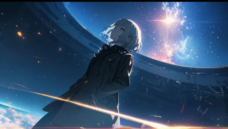 Starry Sky, After the Rain, horizon , In the sky,Lens flare, colorful,coat,Put your hands in your pockets,(student, 18-year-old, ＪＫ, Her short silver hair sways, Pale skin, Lack of eye sparkle) Look up at the sky, Beautiful sky, There is an ocean,White Str...