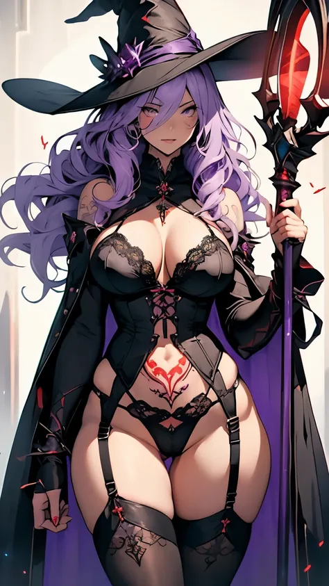 (It has a huge staff that glows red and purple.:1.5)、Blonde Wavy Hair、Witch Hat、((Purple sexy lingerie:1.5)、(Purple Cape)、Gold garter belt、Black knee-high socks、(Black decoration:1.5)、slit、Black Gloves、Black boots)、((Huge breasts:1.5)、Underboob、Sideboob、(g...