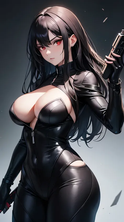 ((Highest quality)), Ultra-high resolution,Adult women, alone, sexy, (Stern face), (Red eyes), Beautiful face in every detail,(High resolution detail of human skin texture), (Black irregular long hair), Black coat,Black suit pants,A mercenary woman,（have a...