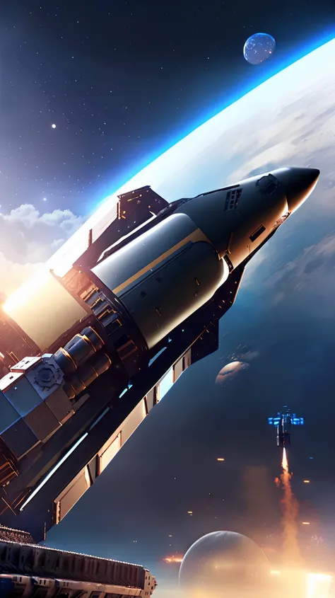 cinematic dramatic epic massive huge colossal gigantic enormous futuristic sci-fi mechanical machinery metallic industrial military weapon missile satellite launch from space, detailed intricate complex, photorealistic 8k, cinematic lighting, muted tones, ...