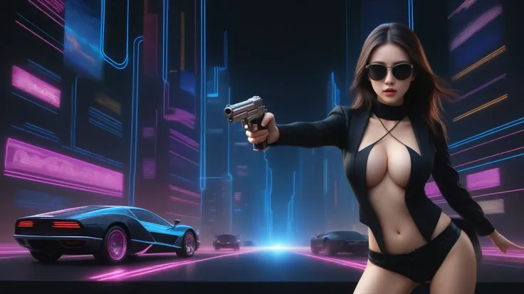 A sexy young slim woman wearing a black suit and dark glasses stood still, (holding a short gun), large-breast cleavage. The background is full of Sparkling, colorful electricity and colorful visual effects, flying cars. Realistic style and high definition...