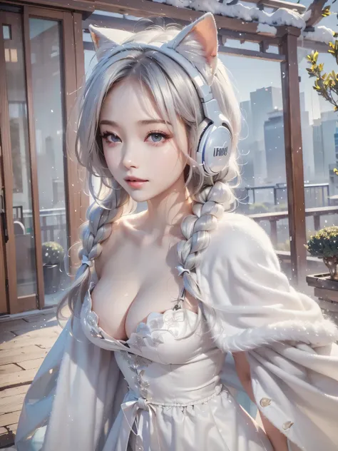 ((face, style)).((masterpiece:1.5))((1 girl, alone、Woman wearing giant headphones:1.5、Fur coat、Detailed face、Big Eyes、Bright expression、small breasts, cleavage、Best Looks、Ultimate beauty、Shiny silver hair with highlights、明るい and shiny hair,、Modern Hairstyl...