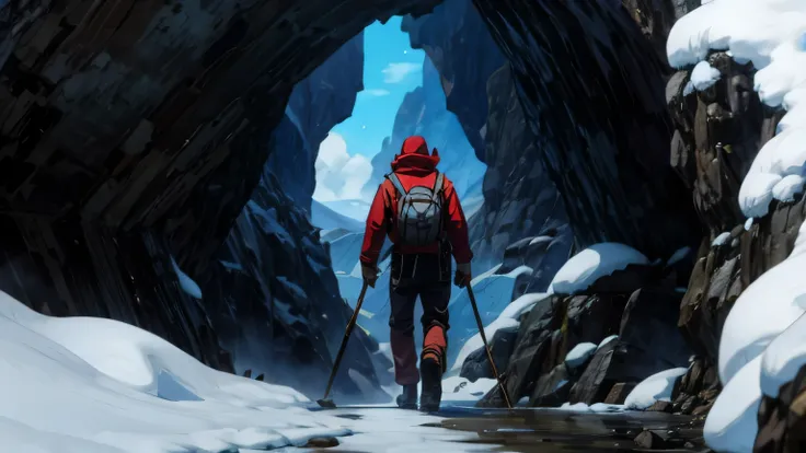 a mountaineer man in the foreground, Entering a mysterious cave