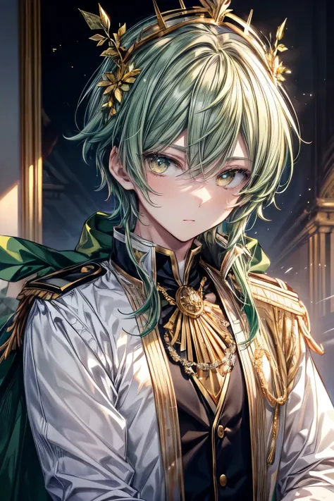 (masterpiece, best quality, perfect face, expressive eyes), 1boy, (male), (adult), (anime). intricate details, green hair, yellow eyes, golden wreath crown, gold epaulettes, white prince attire, black vest, white shirt, 