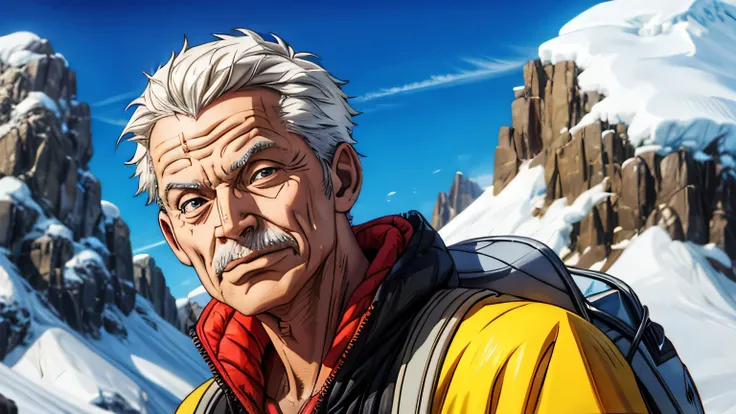 Face of a 65-year-old man with mountain equipment