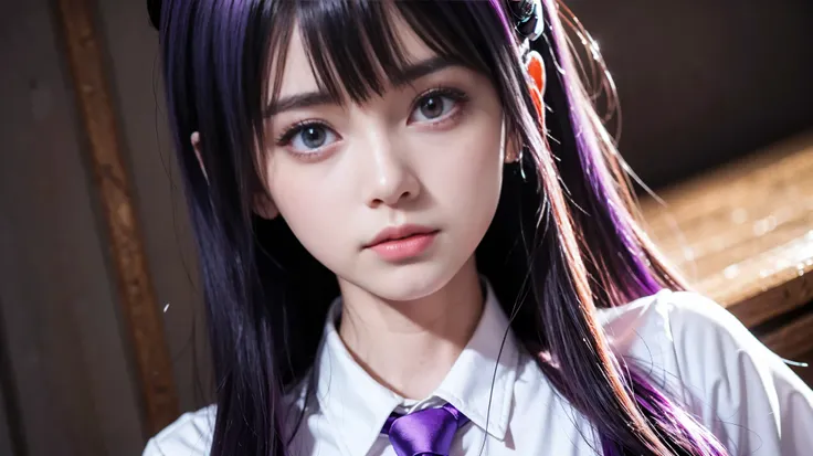 Close-up of a person with purple hair and a purple tie, Stylized anime, Anime Moe Art Style, Katana Zero video game characters, anime girl of the future, Portrait Anime Astronaut Girl, Portrait of a girl in the Knights of the Zodiac, Close up of a young an...