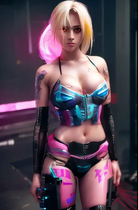 beautiful woman from cyberpunk 2077, full body, Tattoo on chest, Cybernetic eye, hyperrealism, neon, pink and yellow smoke,