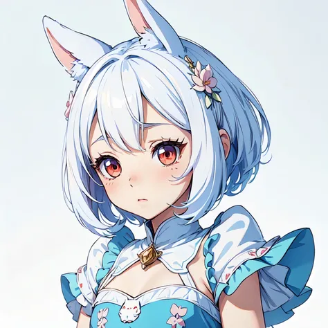 anime style, cute small white rabbit, (((worried))), 1girl, (((chibi))), red eyes, tall ears, bob hairstyle, large face, short stature, wearing a light blue dress, (best quality,4k,8k,highres,masterpiece:1.2), intricate details,highly detailed,exquisite,st...