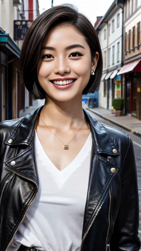 Super Resolution、Beautiful Japanese Women、Black Hair、Short Haircut、ear piercing、necklace、leather jacket、shirt、smile、Beautiful teeth alignment、The background is a town street