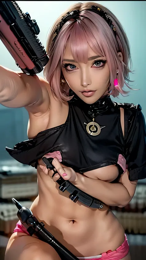 (Highest quality), Realistic, (live-action),(Short Hair,Sharp bangs)Highest quality,Highest quality,8k images,Pink Hair,High heels,Small face,((Big Breasts))Leg spread、1 gun,(((Point the tip of your gun towards the camera:1.6))),Highest quality32K(In comba...