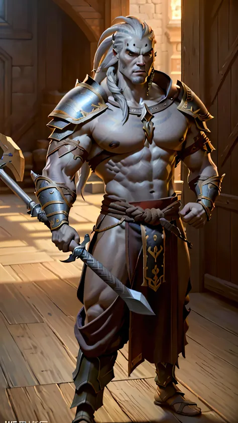 young big muscular male, warrior general, sharp hair, hair-needles, grey armor, wooden staff weapon, big shield, extremely detailed face, hyper realistic, award-winning, sharp, 8k resolution, cinematic lighting, best quality, masterpiece, photorealistic, p...