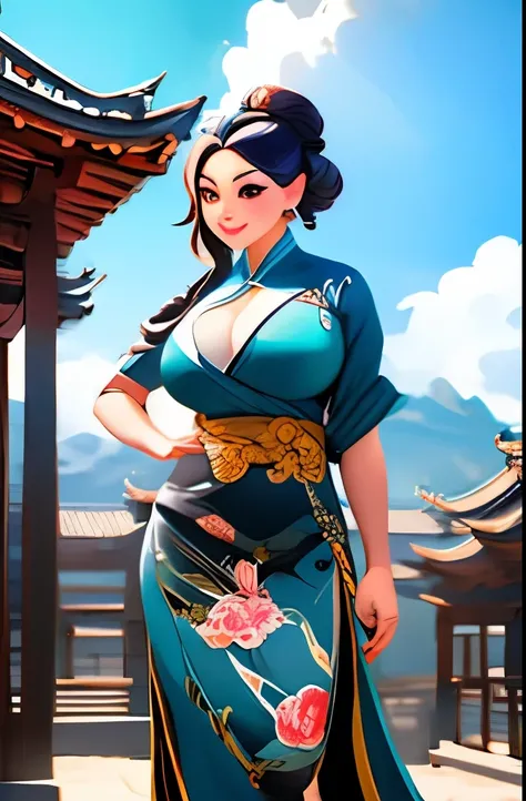 {{masterpiece, best quality, extremely detailed CG, unity 8k wallpaper, cinematic lighting}}, traditional Chinese ink painting, 1girl, , full body, ancient architecture, blue sky, sunny day, wooden architecture, prominent protagonist, smile, big eyes, beau...