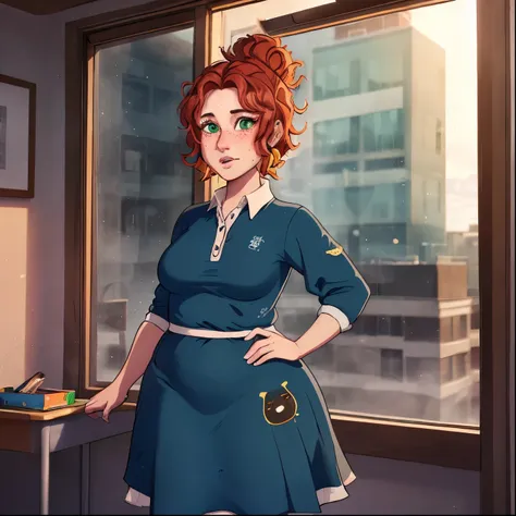 One girl. (Teaching elementary) (kindergarten teacher) (quirky teacher outfit), , (cute expression), (blushing), work clothes, button gap,  chubby, plump, short red hair, freckles, green eyes., very detailed body, skindentation , Valerie frizzle, dramatic ...