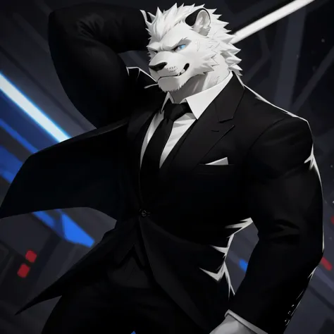 The man in a formal suit, with a serious expression, readies himself for a fight. His sharp, detailed features are accentuated by the bright light in the room. He wears a pristine, well-tailored suit, the fabric smooth and wrinkle-free. His muscles, though...