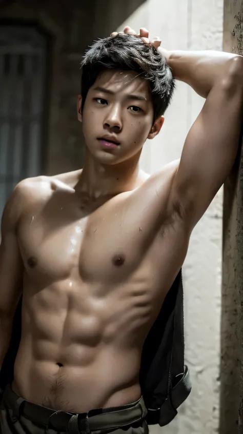 high resolution, realistic, Maze Runner, Minho, Ki Hong Lee, A hyper-realistic, 21-year-old boy, Edgy boy, black hair undercut, Asian boy face, nice body, shirtless, male, sweaty skin, armpit