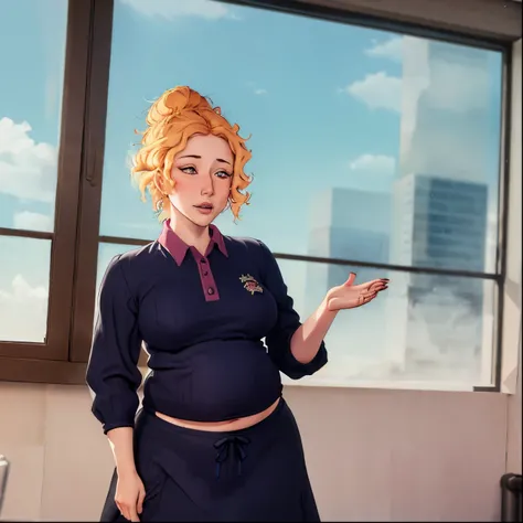 One girl. (Teaching elementary)(blushing), work clothes, button gap, (belching:1.2) (full belly) skindentation , Valerie frizzle, dramatic lighting (((clothed midsection))),  dress, ((tall milf))