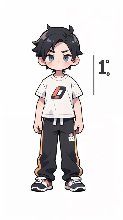 a boy，Black hair，Wear a white T-shirt，7-point length pants，Frontal mugshot，1:1&#39;s Avatar