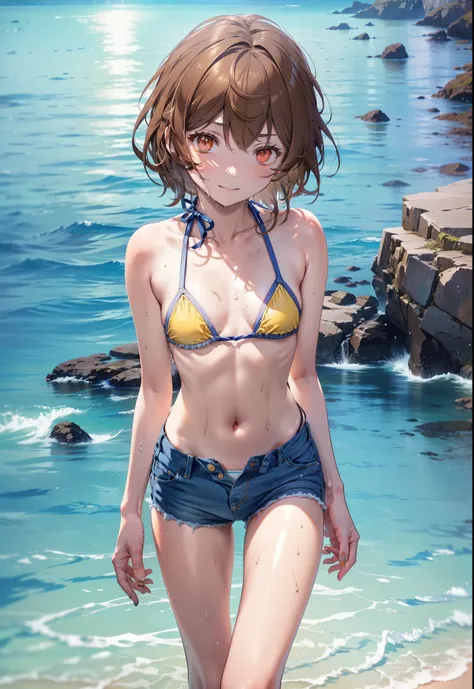 lililukarde, (brown eyes:1.7), brown hair, (flat chest:1.2), smile,short hair,yellow bikini string swimsuit,short denim,barefoot...