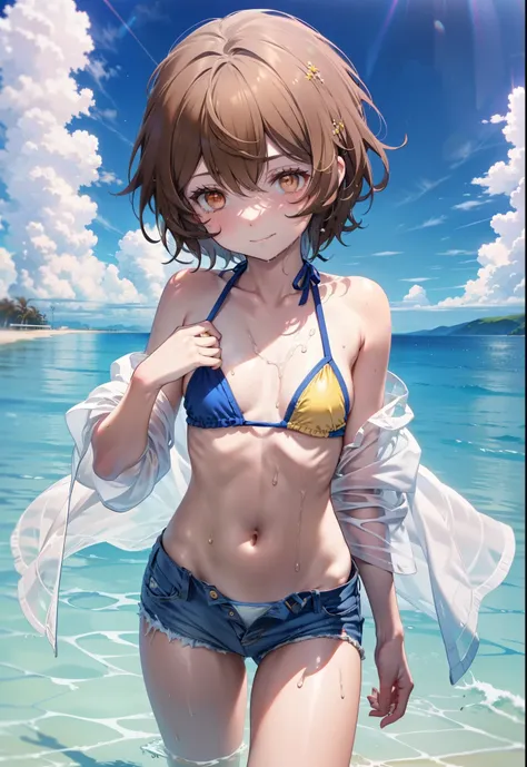 Lililukarde, (Brown eyes:1.7), Brown Hair,Short Hair, (Flat Chest:1.2), smile,short hair,Yellow bikini string swimsuit,Short denim,barefoot,Wet swimsuit,Wet Hair,Wet Skin,whole bodyがイラストに入るように,Water Play,True Summer,Daytime,Clear skies,
break looking at vi...