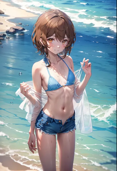 Lililukarde, (Brown eyes:1.7), Brown Hair,Short Hair, (Flat Chest:1.2), smile,short hair,Yellow bikini string swimsuit,Short denim,barefoot,Wet swimsuit,Wet Hair,Wet Skin,whole bodyがイラストに入るように,Water Play,True Summer,Daytime,Clear skies,
break looking at vi...