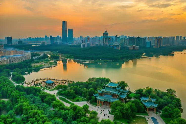 Alafud View，A city with a lake and a bridge can be seen, golden hour in Beijing, Cityscape shot from drone, beautiful cityscape, Beijing, nanquan,beautiful city, Beautiful images, baotou china, jin shan, Vision, Summer evening，RAW，uhd，8k，Detailed Details，B...