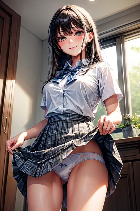 (masterpiece, best quality,ultra-detailed),nsfw,(cute and beautiful girl),beautiful face, beautiful detailed eyes,collared short sleeve shirt, white shirt, school uniform, grey plaid pleated skirt, blue plaid bow tie,(skirt lift:1.4),BREAK,(white panties:1...