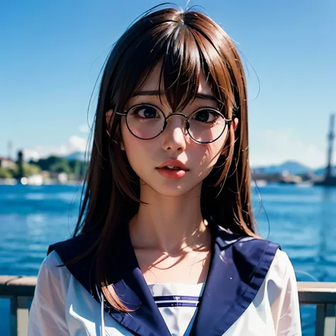 There is a young woman wearing glasses and a sailor suit.., Real anime, Photorealistic Animation, Ultra realistic anime, Surreal , Evocative expression, Surreal , Beautiful anime school girl, 3D Anime Real, Realistic Anime 3D Style, Portrait of a Japan tee...