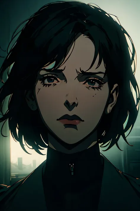 a woman with short black hair, black eyes, wearing black clothes, camouflage, coat, expressionless face, doctor, anime style, hi...