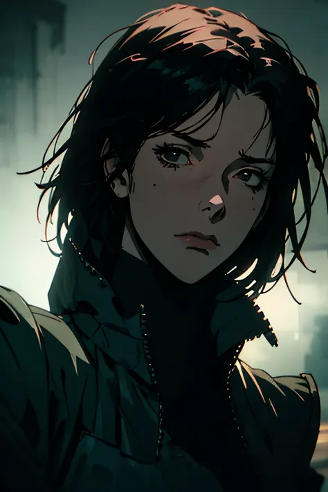 a woman with short black hair, black eyes, wearing black clothes, camouflage, coat, expressionless face, doctor, anime style, highly detailed, hyperrealistic, 8k, photorealistic, intricate details, dramatic lighting, volumetric fog, cinematic composition, ...