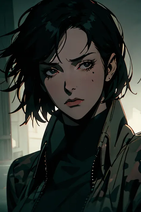 a woman with short black hair, black eyes, wearing black clothes, camouflage, coat, expressionless face, doctor, anime style, highly detailed, hyperrealistic, 8k, photorealistic, intricate details, dramatic lighting, volumetric fog, cinematic composition, ...