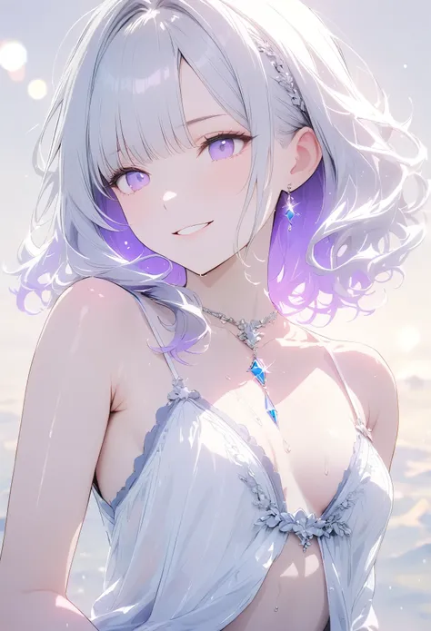 , ((Silver Accessories、Black Fashion))、(Gray hair color、Blue-purple inner color hairstyle）, Beautiful Hair, Facial Contour, Remember, Stripping scene, Bright proof、splash, Lens flare,, Natural Color, High resolution, Very delicate, Very detailed, 8k,（Swell...