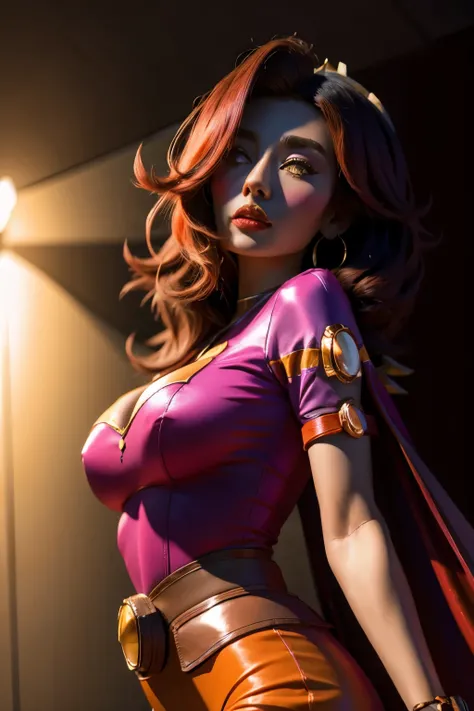 (taliyah league of legends), purple shirt with orange blouse, looks seductive, posse sexy, high resolution, super detaill, 8k, in a dark place, Overview